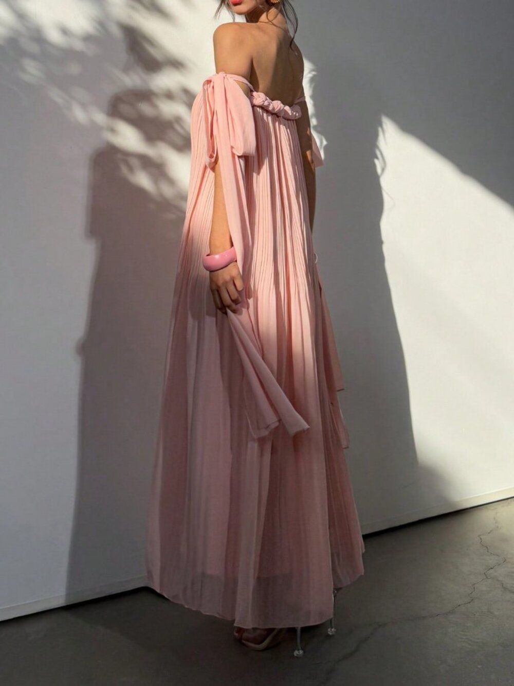 Coral Elegant Women's Off Shoulder Flowy Tie Strap Maxi Dress - Picture 4 of 6